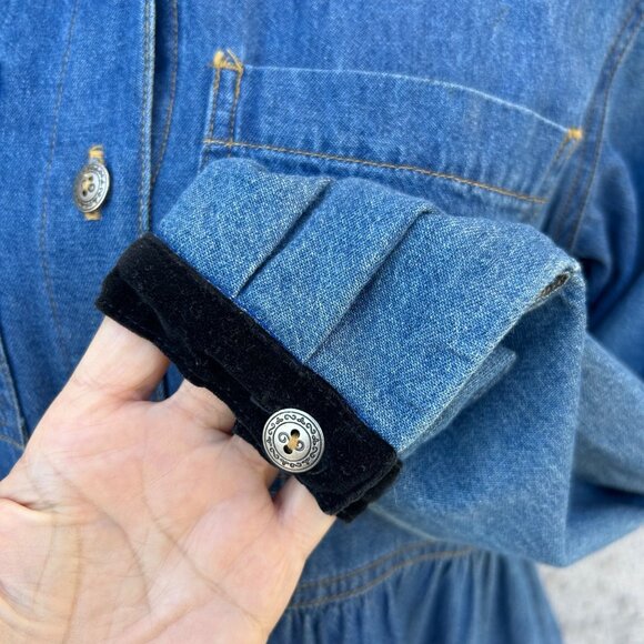 90s Vintage Denim Maxi Dress Velvet Collar/Cuffs Button-Down Front Waist Tie 4P - Picture 2 of 10